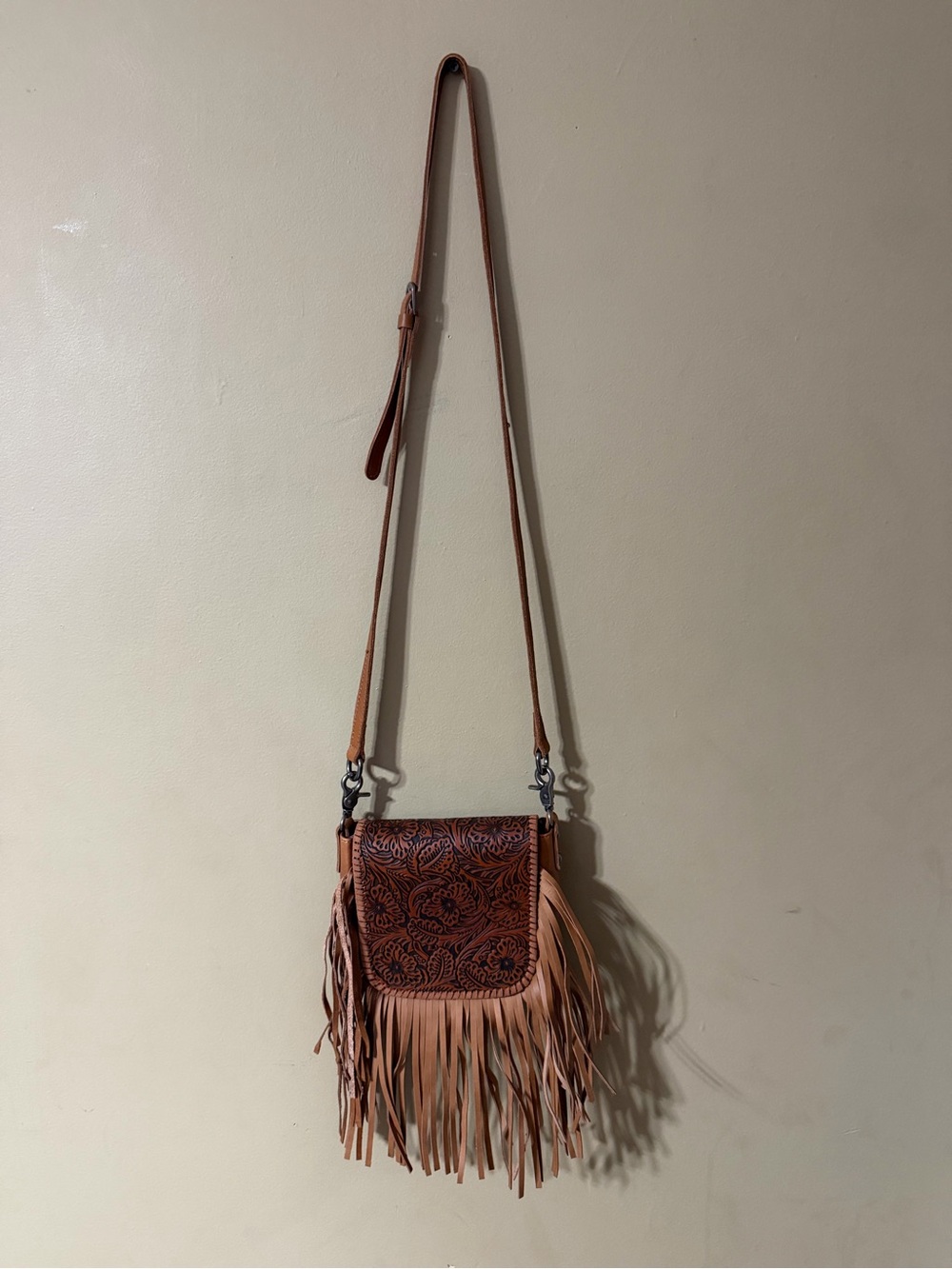 Montana West Fringed Floral Tooled Leather Crossbody Bag - Tan